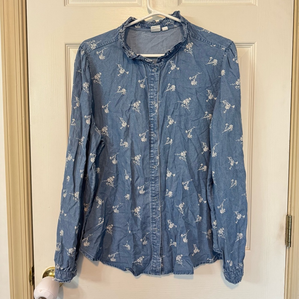 Gap Floral Chambray Women's Button Down Shirt Long Sleeve Denim Size XXL Boho